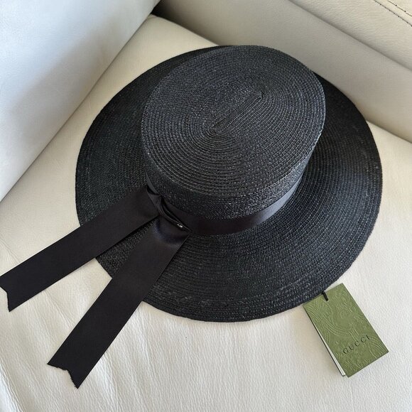 NWT GUCCI Straw Hat Black Ribbon How GG Sz L - Picture 8 of 12